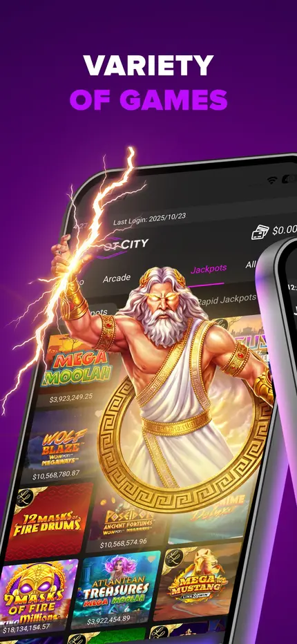 Jackpot City app lobby with game categories